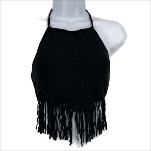 Boho Fringe Bikini Swimsuit Top in Black Size Small